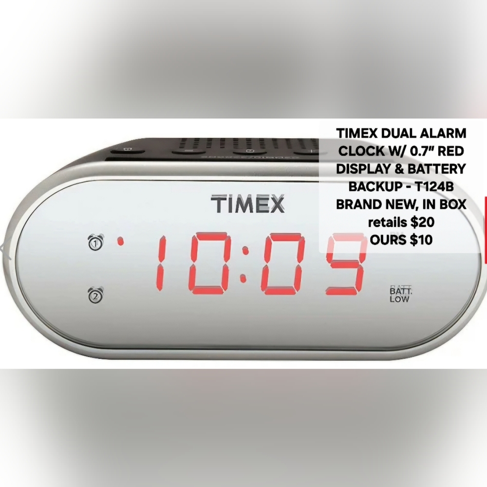 TIMEX DUAL ALARM CLOCK W/ 0.7″ RED DISPLAY & BATTERY BACKUP - T124B